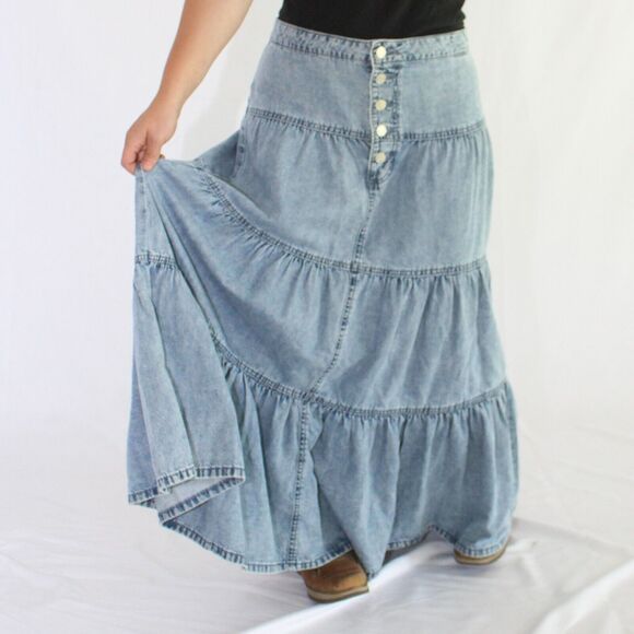 NWT M Jeans By Maurice Size 10 Long Modest Blue Jean Ruffle Maxi Denim Skirt - Picture 6 of 6
